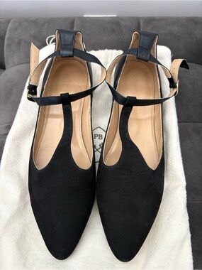 Poppy Barley Black Suede and Leather T-Strap Pointed Toe Flats - Women